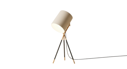 Modern tripod floor lamp with adjustable spotlight head isolated on white background