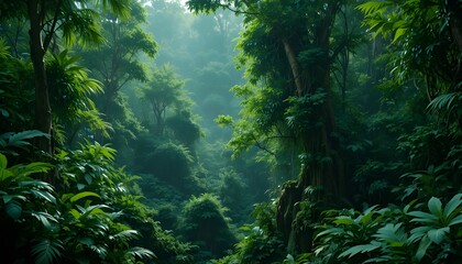 Fototapeta premium Lush Green Tropical Forest Background Representing Adventure, Freedom, and Ecological Lifestyle for Wellness and Exploration