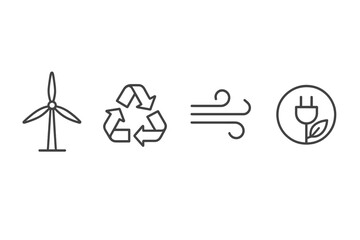 Sustainable energy icons: wind turbine, recycling, air flow, eco plug