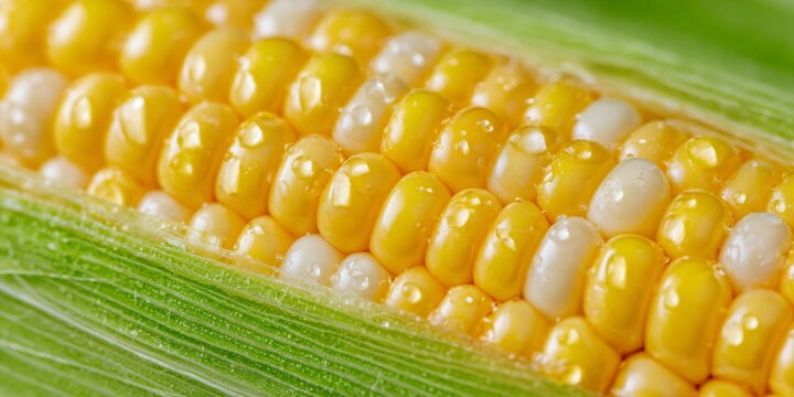 Yellow and white corn ear with a green leaf
