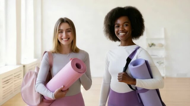 Smiling women holding yoga mats in bright fitness studio banner. health and wellness promotions, online exercise promotion, fitness platform, tutorial, web site, gym membership advertising. Copy space - Powered by Adobe