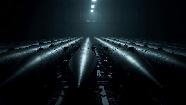 Rows of large metallic missiles stored in a dim industrial facility with dramatic overhead lighting creating a tense atmospheric scene filled with shadow and depth