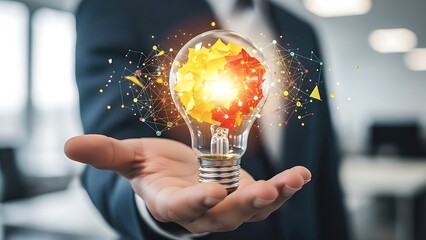 Innovation in Hand: Man Holding Light Bulb with Abstract Network