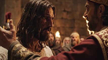 Jesus Christ on Trial - A poignant depiction of Jesus Christ during his trial, listening intently to his accuser. The scene captures the emotional intensity of Passion Friday.