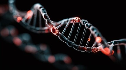 Abstract DNA strand with a black background. The image is good for a science article about genetics, molecular biology, and other related scientific fields.