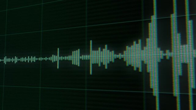 Digital Voice Recording Waveform: Surveillance, Wiretapping, and Eavesdropping Audio Analysis. Green Sound Waves on Dark Grid for Audio Monitoring, Spying, Security, and Intelligence Operations