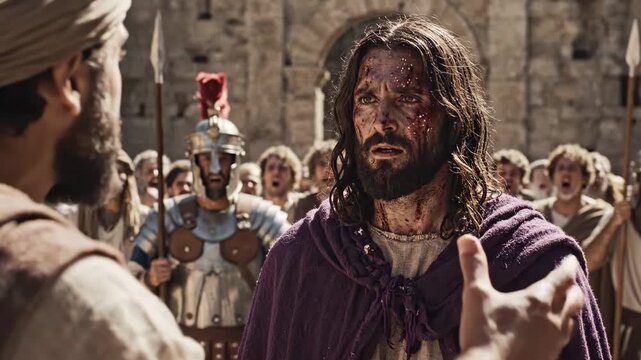 Jesus Christ on Trial - A poignant depiction shows Jesus Christ listening intently to an accuser during his trial.