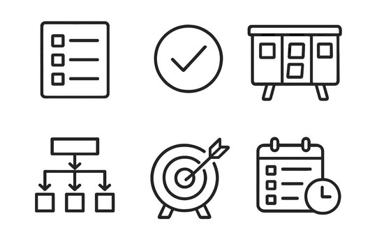 Project management icons: checklist, checkmark, board, flowchart, target, calendar