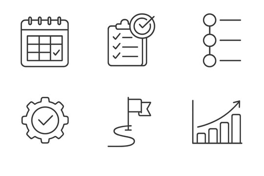 Outline icons for schedule, checklist, timeline, settings, goal path, growth chart
