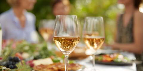 Woman is sitting at a table with a glass of wine in front of her