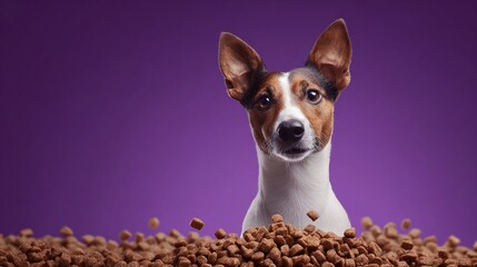 A charming Jack Russell Terrier gazes at a pile of dog food, eyes wide with excitement against a vivid purple backdrop. Its ears are perked, ready for a tasty feast.