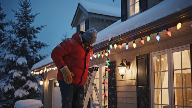 Installing Christmas Lights in Winter - A man in winter clothing is on a ladder outdoors, installing colorful string lights on the eaves of a house during a snowy winter evening.