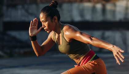 Woman in athletic wear running outdoors during daytime.