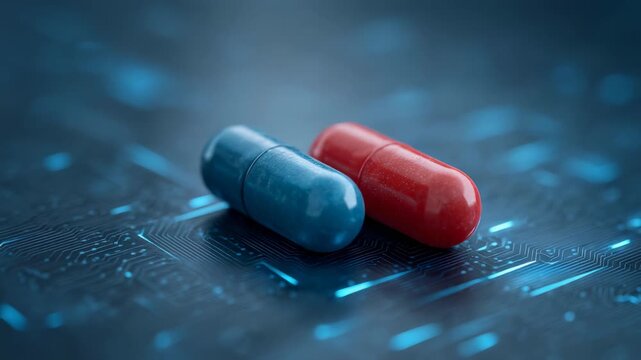 Iconic red pill and blue pill resting on a futuristic digital circuit board, symbolizing a crucial choice between embracing a challenging truth and remaining in blissful ignorance