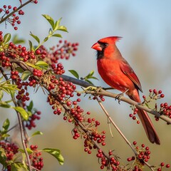 A bright red cardinal perched in ripe berry-colored flowers, clear with a beautiful background.
