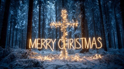 Merry Christmas message with a cross of lights in a snowy forest holiday season greeting religious celebration background