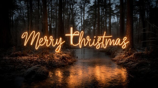 Merry Christmas neon sign over a dark forest and stream holiday greeting card festive season background