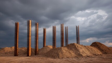Construction site with rebar pillars and soil mounds under dramatic stormy clouds