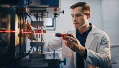 Scientist uses laser to calibrate complex machinery in a laboratory setting.