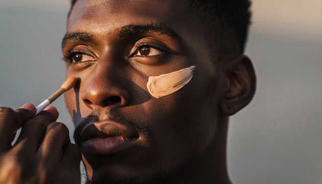 Man applying makeup with a brush and foundation on cheek.
