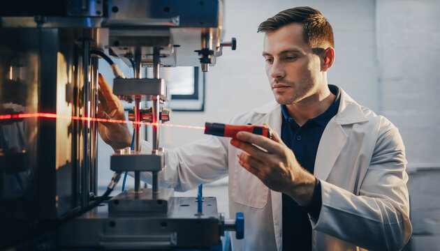 Scientist uses laser to calibrate complex machinery in a laboratory setting.