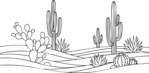 Stylized black and white line drawing of a desert landscape with saguaro cacti