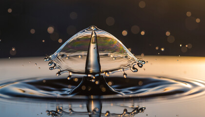 Water splash forming a crown shape with droplets and bokeh lights.