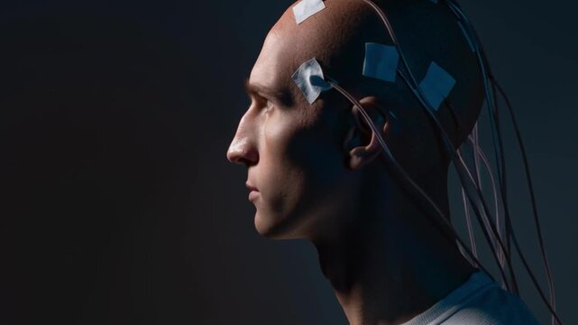 man with electrodes in his head is a futuristic concept of virtual reality and mind control. Neurointerface, brain - computer communication. transhumanism concept