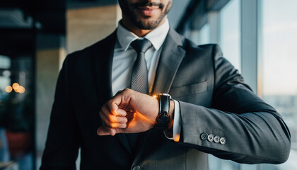 Man in suit checking wristwatch near window