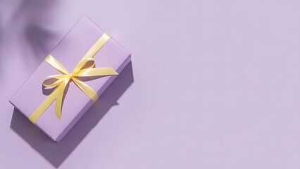 Lilac gift box with yellow ribbon on a lilac background