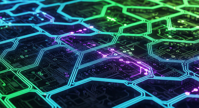 Futuristic circuit board with glowing neon hexagonal lines. Great for technology banners, cyber security visuals, and AI concepts.