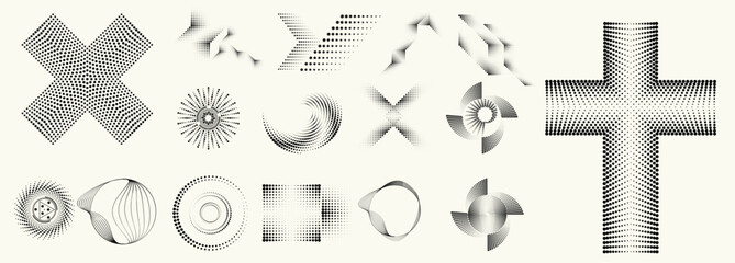 Abstract circular, linear halftones element set, geometric dotted ring and spiral circle shapes for design, technology, or motion graphic backgrounds. Dotted elements, radial spirals, and vortex.