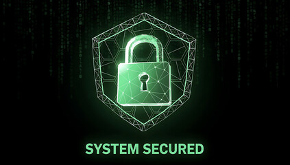 Digital padlock in shield with binary code, system secured, cyber protection concept.