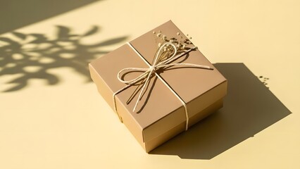 Brown paper gift box with twine and floral decoration on beige background