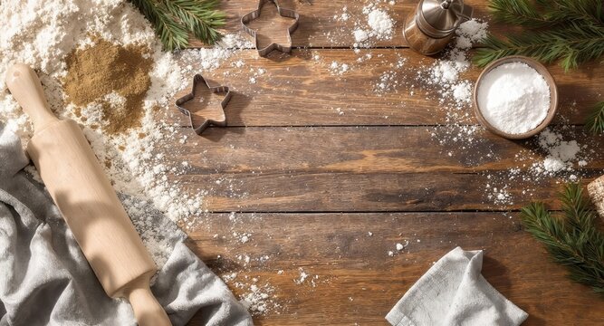 Preparazione dolci natalizi su tavolo rustico con farina e utensili. Illustrazione personalizzabile. Generative AI