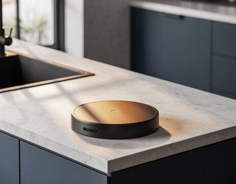 A modern kitchen island with a sleek round device on a marble countertop near sink