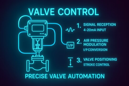 Neon Infographic of Pneumatic Valve Actuator with Positioner for Precise Flow Control Automation