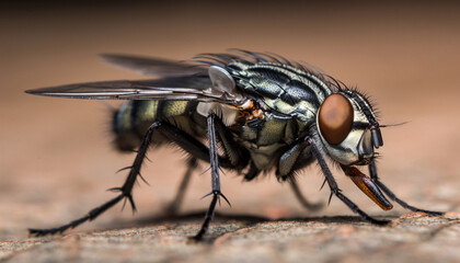 Obraz premium Macro photograph of a fly with large compound eyes on textured surface.