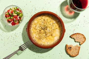 Top view of Grilled provolone cheese seasoned with oregano on green background.