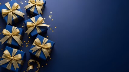 Elegant blue gift boxes with gold ribbons on dark blue background