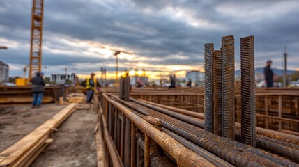 Naklejka premium Construction site with rusted rebar cages and cranes at sunrise under stormy clouds depicting urban development