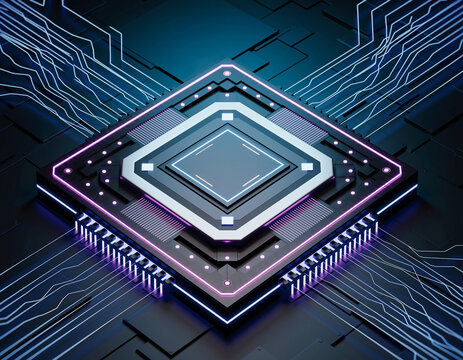 Close up of a square computer chip with neon lights and circuit board lines