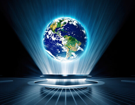 Earth globe illuminated with blue light rays on a futuristic platform stage - Powered by Adobe