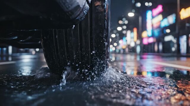 Close up of a car tire driving through a puddle on a wet asphalt road at night, with neon city lights reflecting on the water surface and creating a cinematic, atmospheric bokeh effect