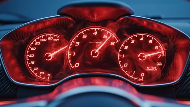 Luminous red dashboard of a modern sports car showing the speedometer and tachometer needles climbing rapidly, surrounded by swirling smoke, symbolizing extreme speed and engine power