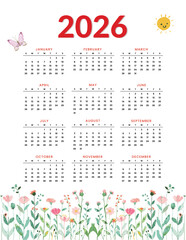  2026 calendar with floral borders and whimsical illustrations for planning.