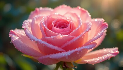 Close-up macro shot of blooming pink rose petals covered in delicate morning dew sparkling under soft natural sunlight