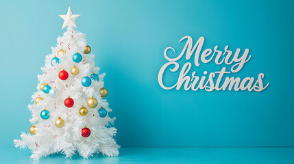 "Merry Christmas" are written on a blue studio background next to a decorated white tree