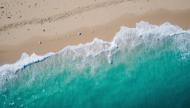 Aerial view of turquoise ocean waves gently washing onto pristine sandy beach with scattered seashells and vibrant coastal landscape