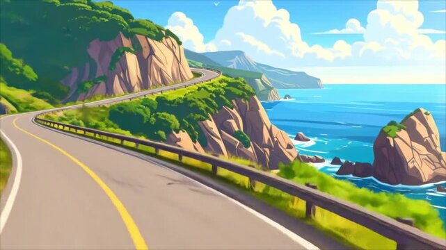 Coastal highway illustration with vibrant colors and scenic seascape views for travel concepts and designs